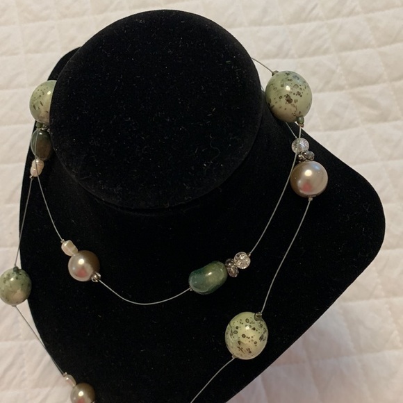 LONG necklace stone beads on a wire necklace 16” long green grey costume - Picture 8 of 8